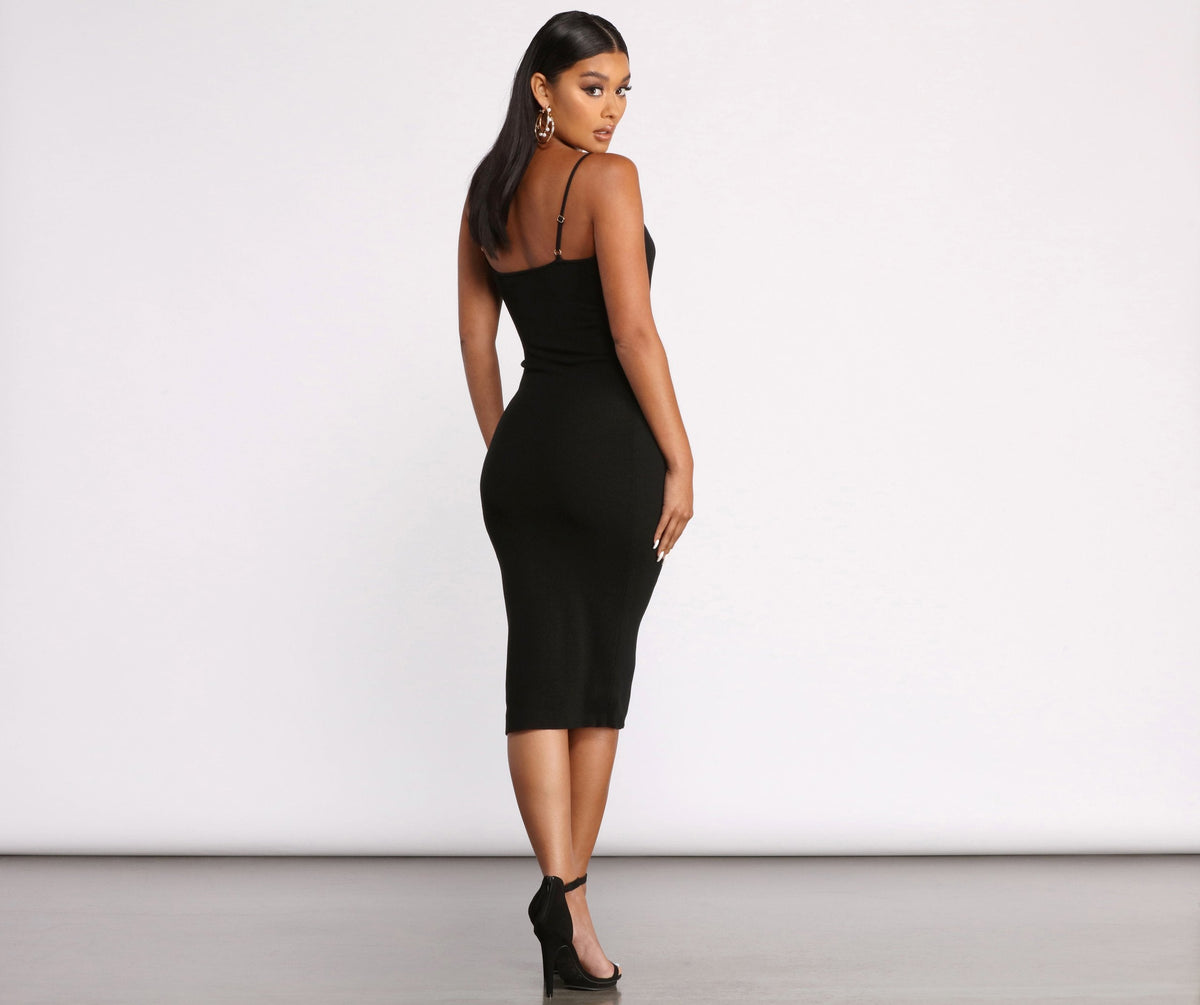 Spaghetti Strap Ribbed Wrap Front Waist Cutout Thigh Slit Midi Dress 2