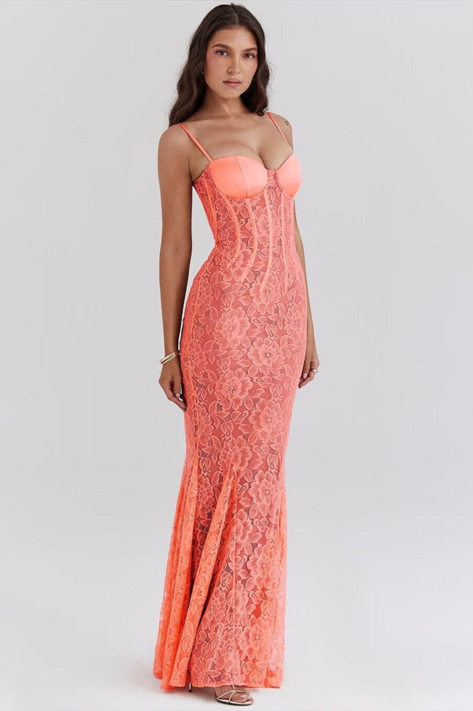 Lace Floral Corset Spaghetti Strap Mermaid Maxi Gown 4