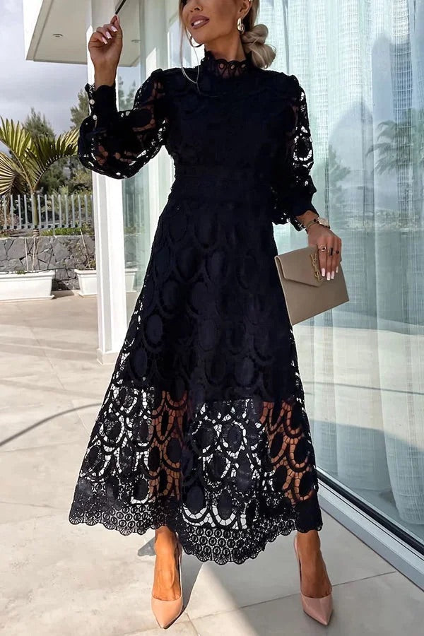 Guipure Lace Mock Neck Lantern Sleeve Scalloped Hem Hollow Out Midi Dress 15