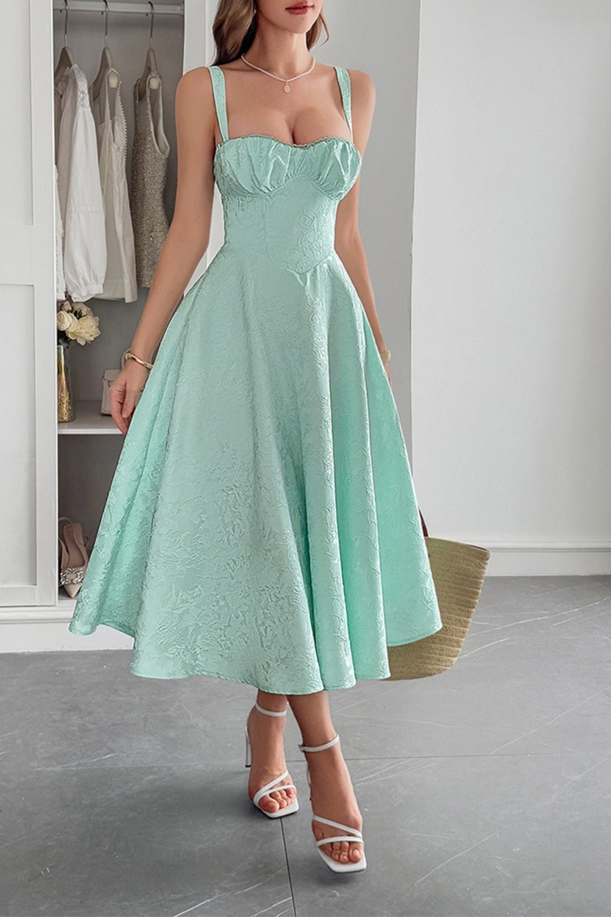 Jacquard Floral Bustier Lace Trim Pointed Waist Fit and Flare Midi Dress 6