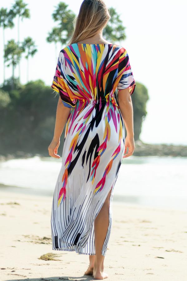 V Neck Drawstring Waist Printed Maxi Swimsuit Cover Up