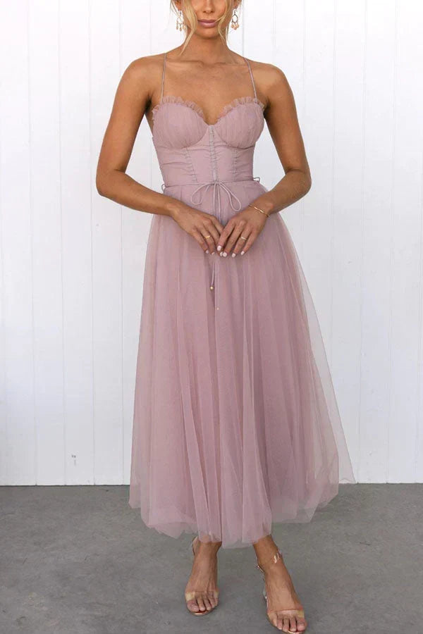Sweetheart Neck Spaghetti Strap Corset Lace Up Tulle Skirt Midi Dress 2