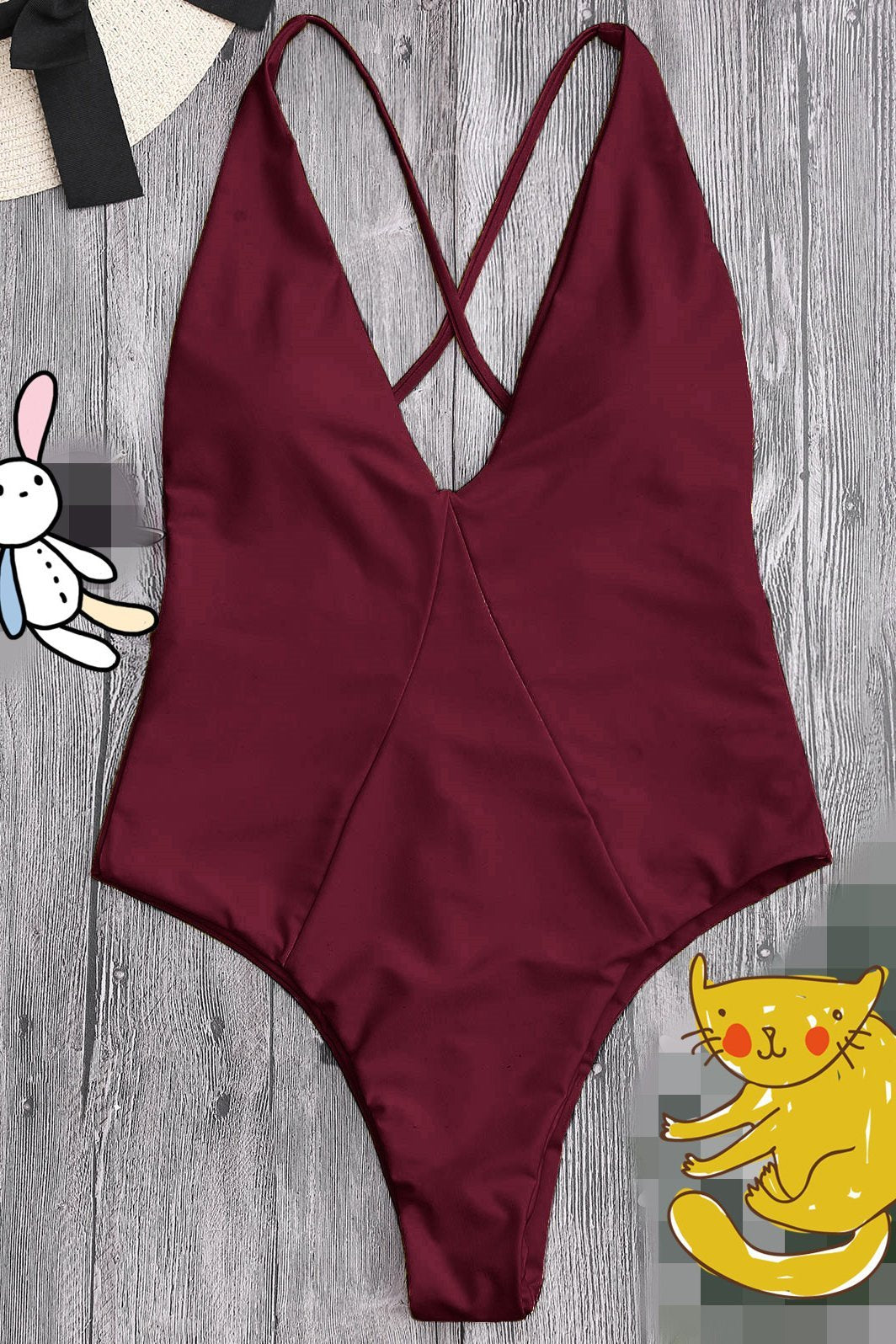 Burgundy Plunge V Neck High Cut Cross Back Sexy One Piece Swimsuit