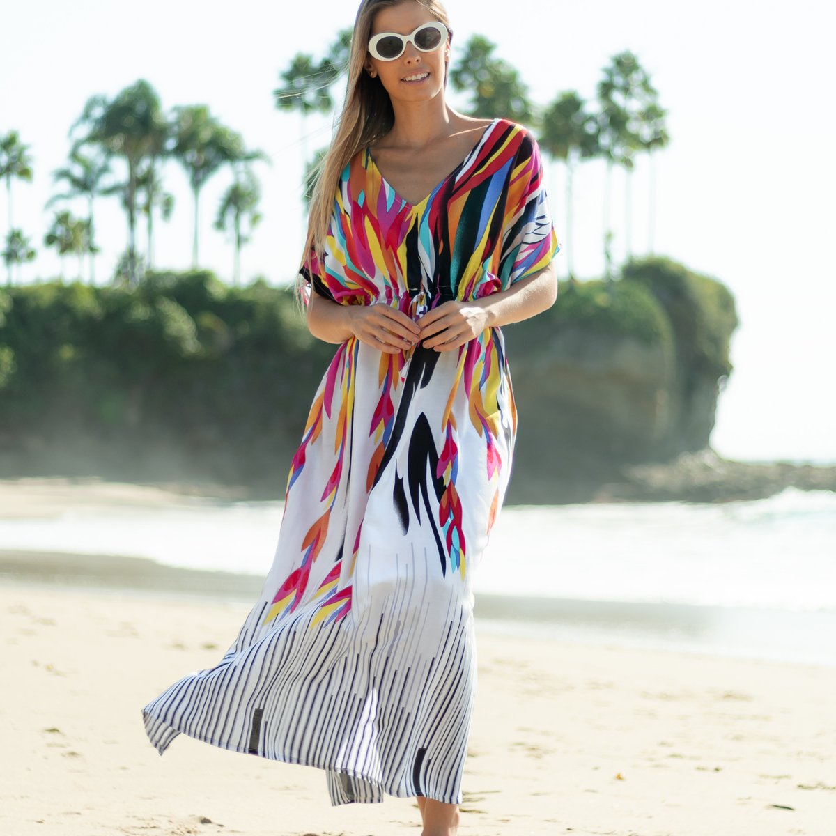 V Neck Drawstring Waist Printed Maxi Swimsuit Cover Up