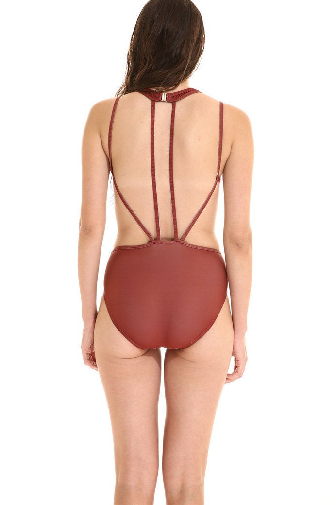 Light Brown Strappy Caged Cutout Sexy Monokini One Piece Swimsuit