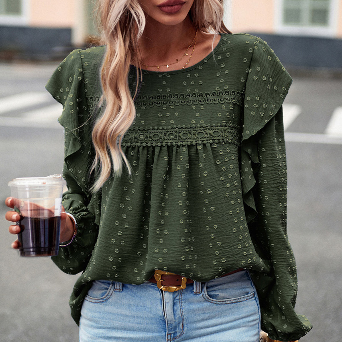 Ruffle Hem Round Neck Solid Color Casual Tops