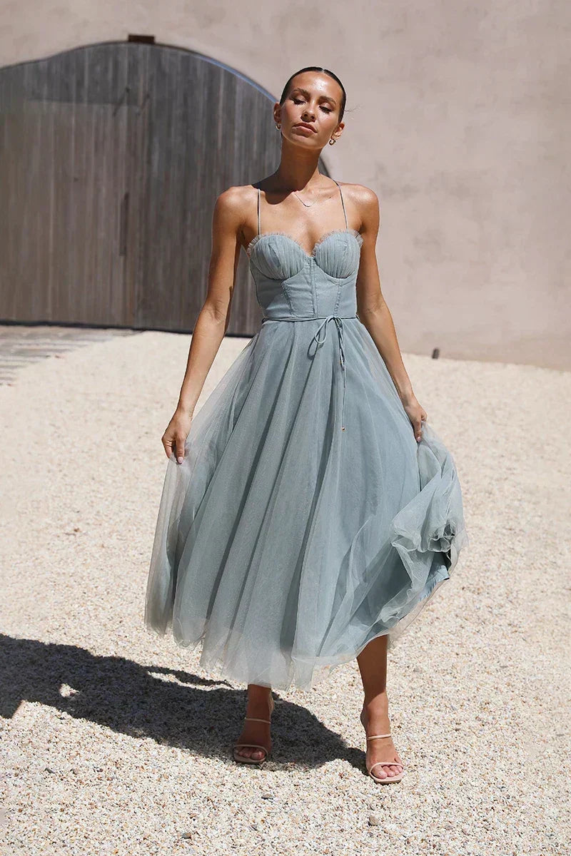 Sweetheart Neck Corset Mesh Trim Tie Waist Tulle Tiered Midi Dress