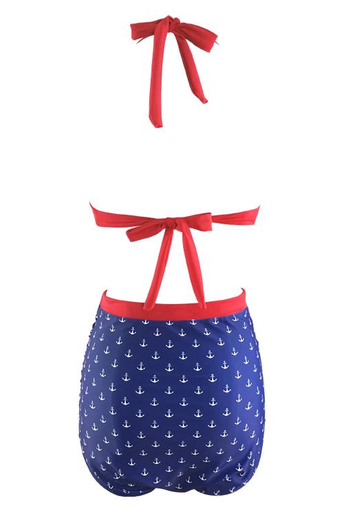 Blue Red Print Two Tone Padded Halter High Waisted Ruched Retro Bikini Swimsuit