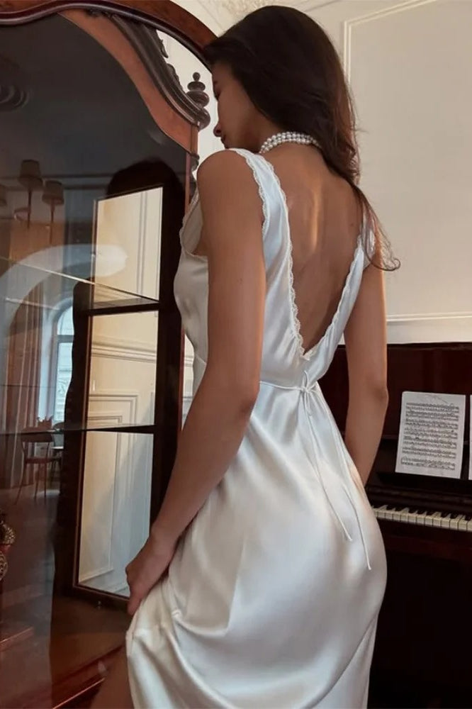 Satin Lace Trim Empire Waist Gathered Bodice Bias Cut Midi Slip Dress 3