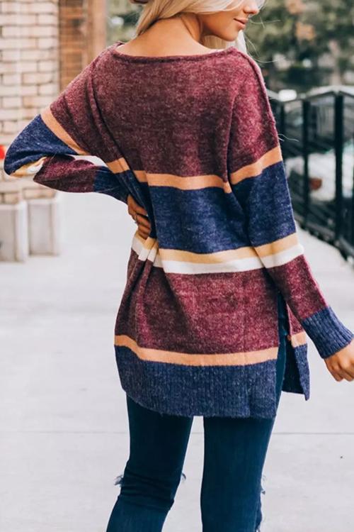 Loose Colorblock Split Round Neck Sweater