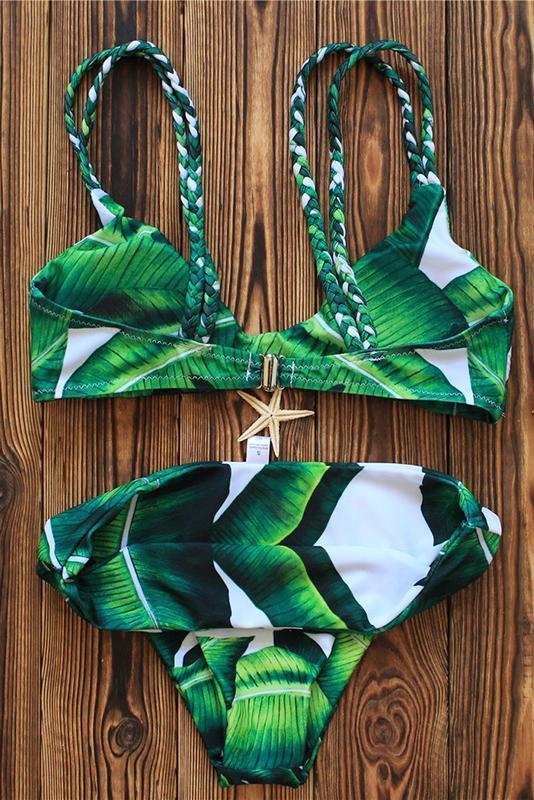 Green Tropical Leaf Print Braided Triangle Sexy Bikini Set