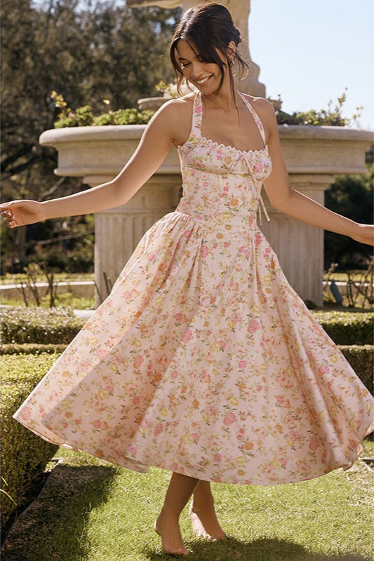 Floral Halter Neck Corset Sweetheart Lace Trim A-Line Midi Dress 2