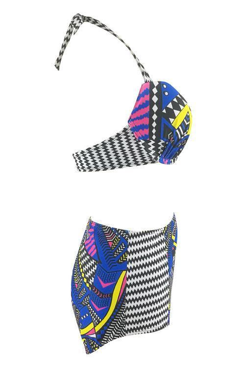 Blue African Print Push Up Halter High Waisted Sexy Two Piece Swimsuit