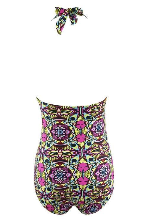 Fuchsia Halter Scoop Neck African Tribal Print Strappy Cutout Braided Backless Sexy Monokini