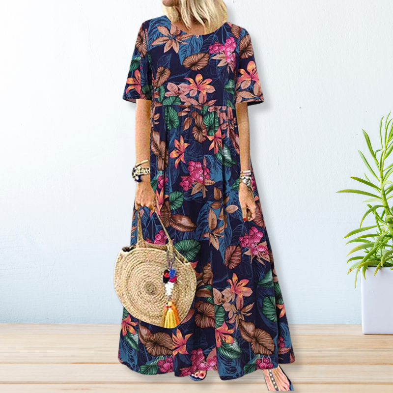 Tropical Botanical Print Round Neck Short Sleeve Empire Waist Maxi Dress 6
