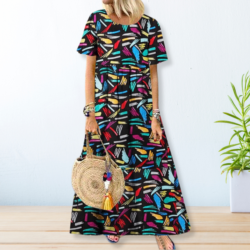 Tropical Botanical Print Round Neck Short Sleeve Empire Waist Maxi Dress 2