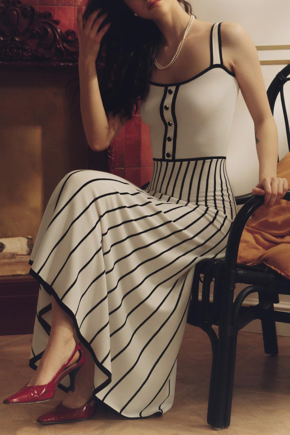 Square Neck Sleeveless Rib Knit Contrast Piping Tiered Midi Dress 8