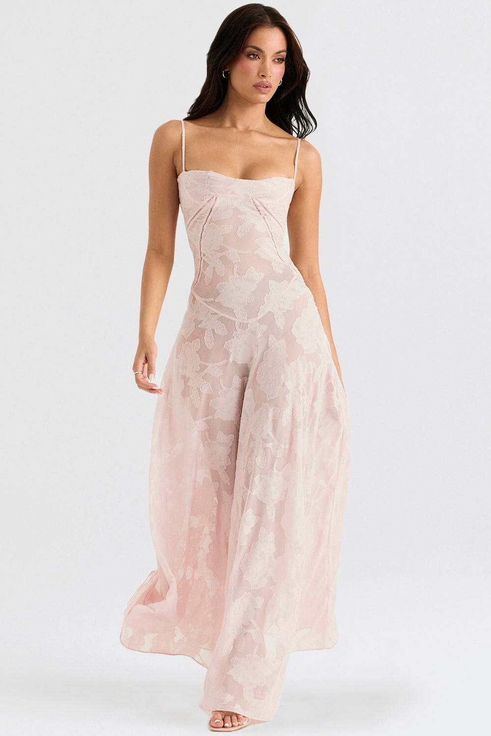 Floral Jacquard Spaghetti Strap Lace Up Corset Back Fit and Flare Maxi Dress 4