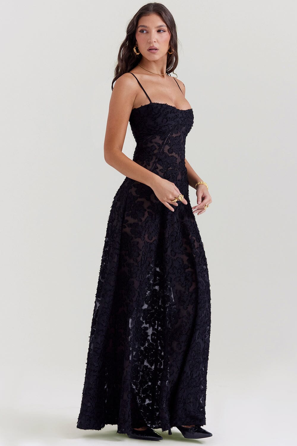 Floral Jacquard Spaghetti Strap Lace Up Corset Back Fit and Flare Maxi Dress 16
