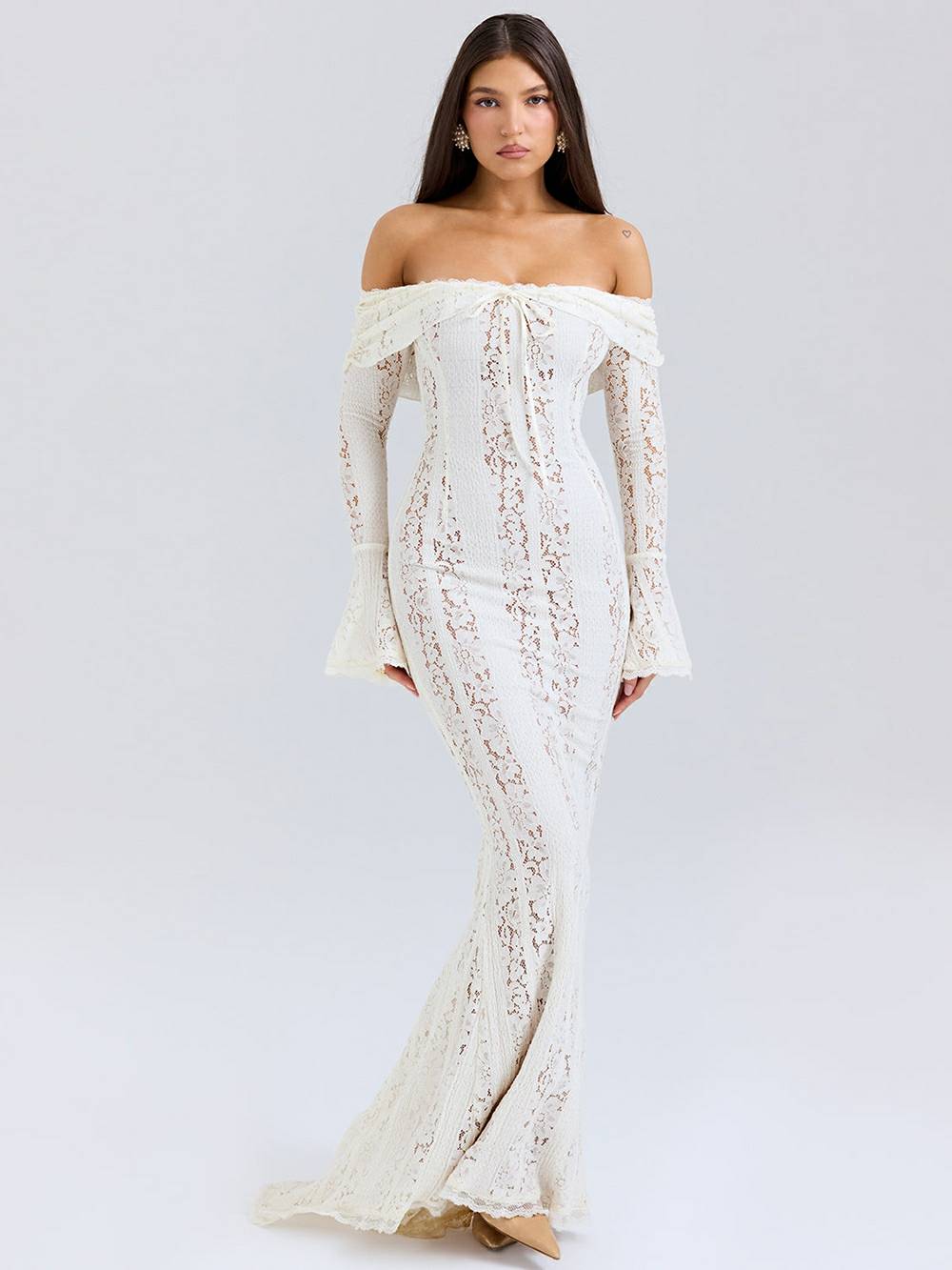 Lace Off Shoulder Bell Sleeve Mermaid Train Maxi Gown