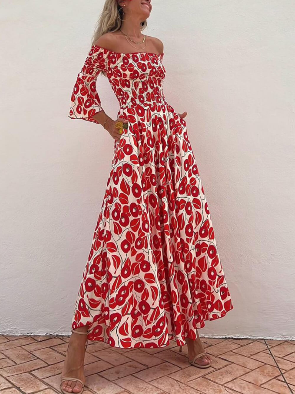 Off Shoulder Smocked Bell Sleeve Floral Print Pocket Maxi Dress 2