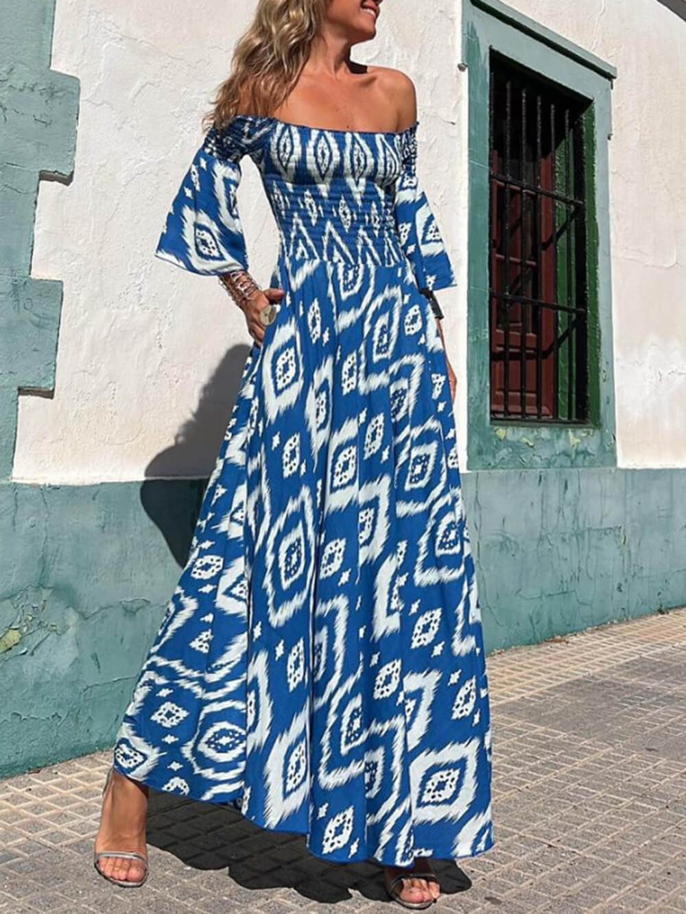 Off Shoulder Smocked Bodice Bell Sleeve Geometric Ikat Pocket Maxi Dress 6