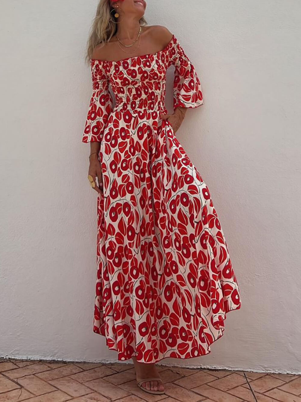 Off Shoulder Smocked Bell Sleeve Floral Print Pocket Maxi Dress 3