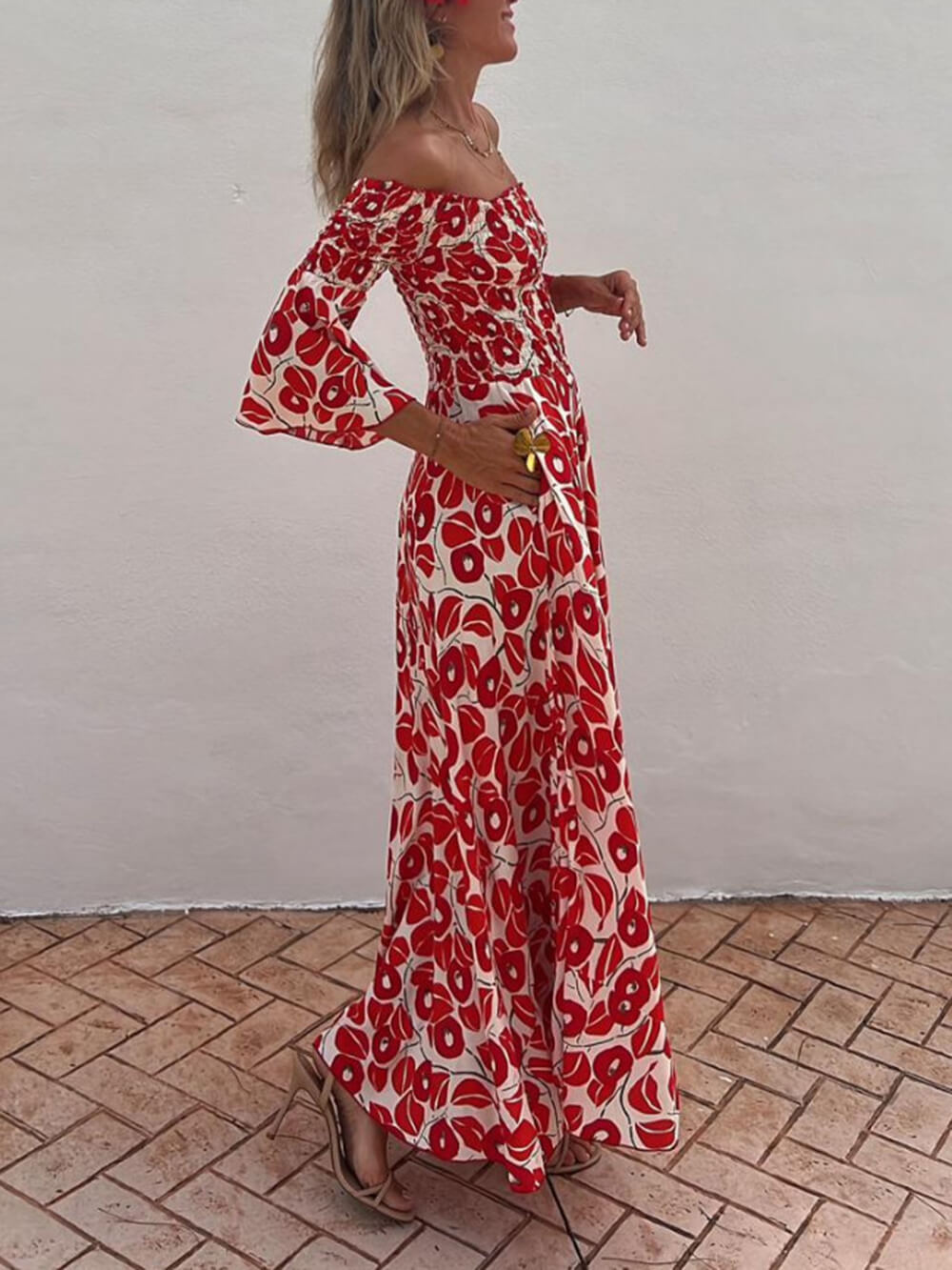 Off Shoulder Smocked Bell Sleeve Floral Print Pocket Maxi Dress 4