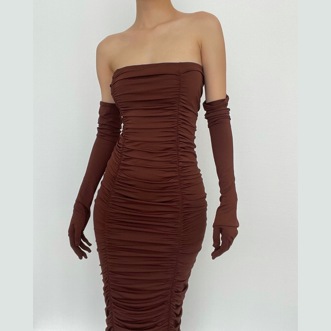 Strapless Ruched Bodycon Midi Dress with Matching Opera Gloves