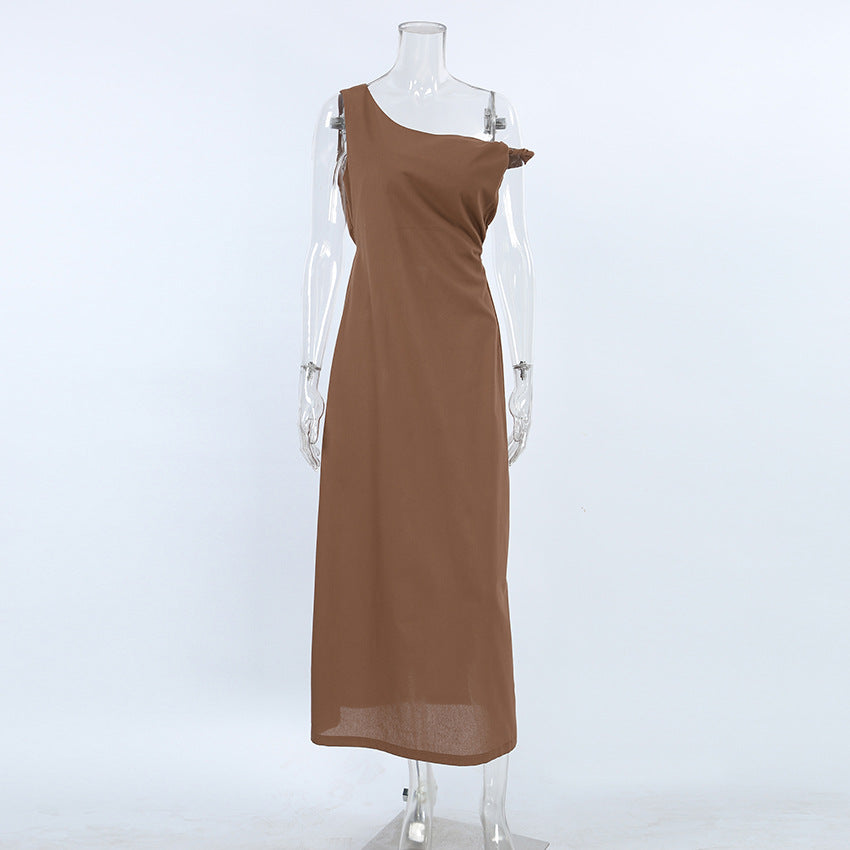 Halter Deep V Ruched Bodice Center Panel Drape Maxi Gown 10