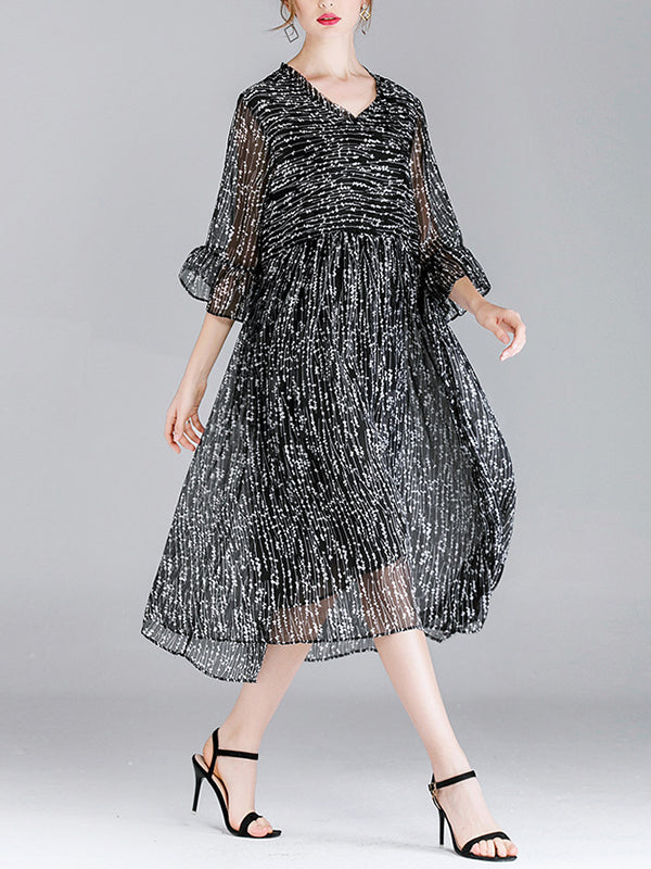 V-Neck Tiered Bell Cuff Empire Waist Pleated Dotted Midi Dress 8