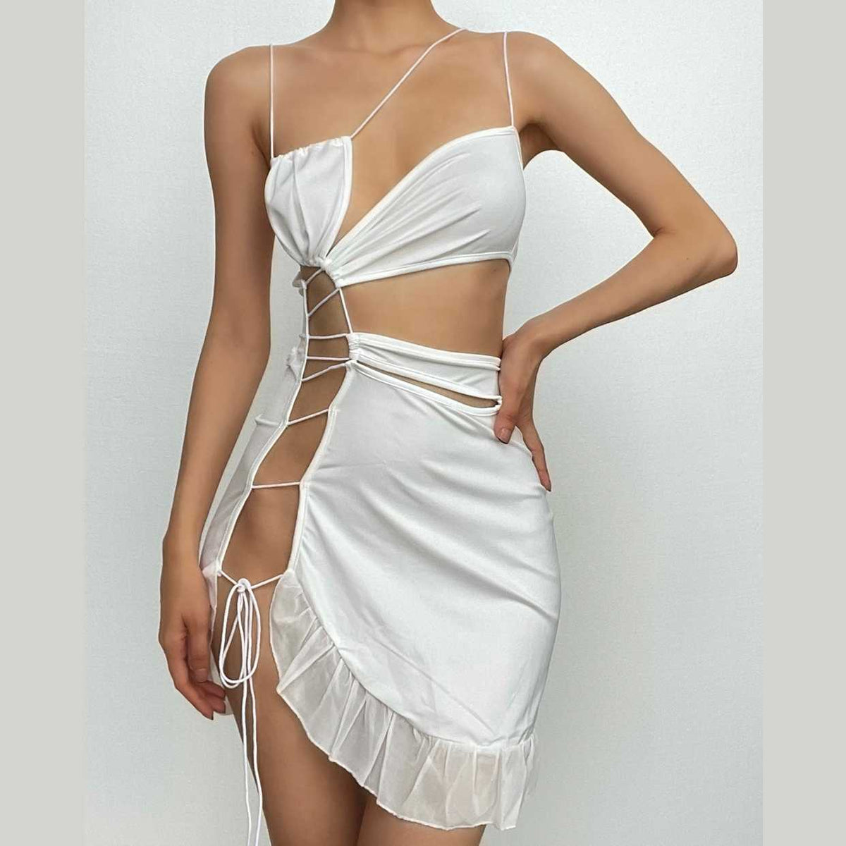 One Shoulder Lace Up Side Cutout Ruffle Hem Mini Dress