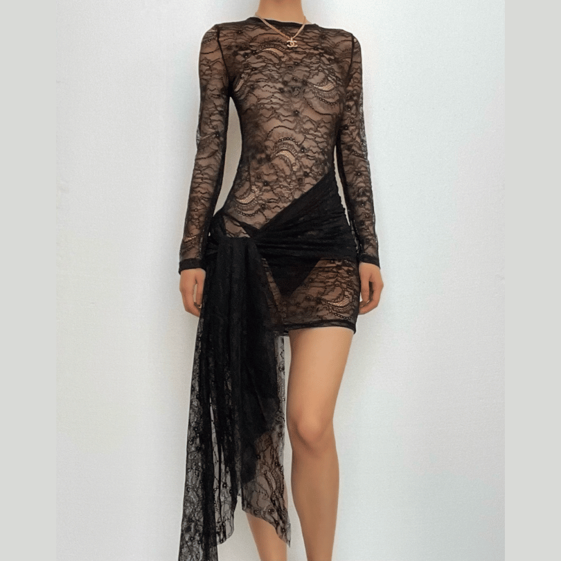 Lace Long Sleeve Draped Sash Ruched Mini Dress