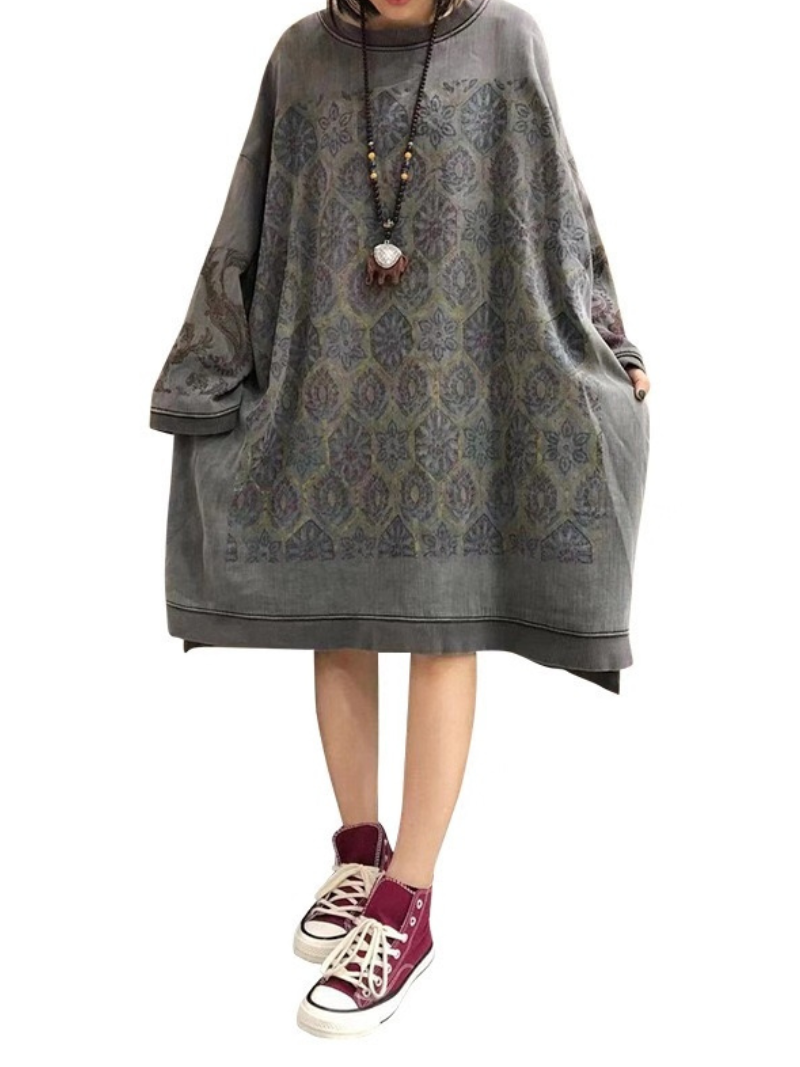 Crew Neck Medallion Print Oversized Long Sleeve Sweatshirt Dress 4