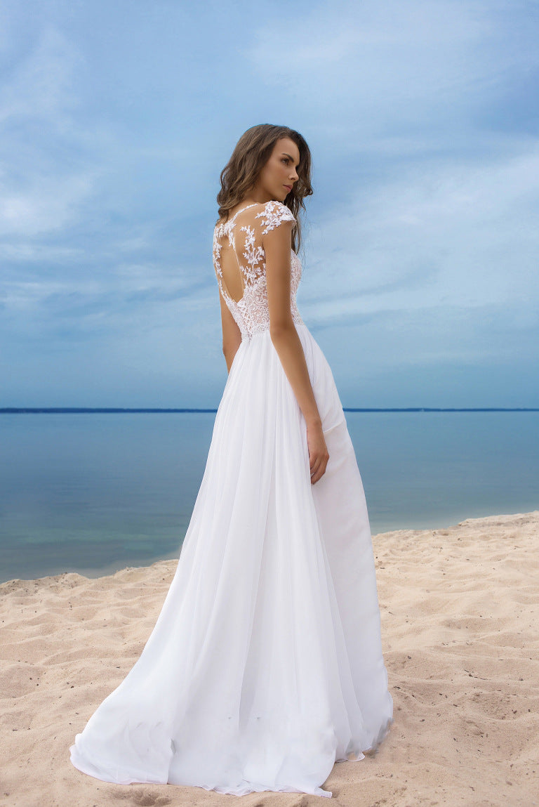 Lace Illusion Cap Sleeve Floral Applique Bodice High Slit Chiffon Maxi Gown 3