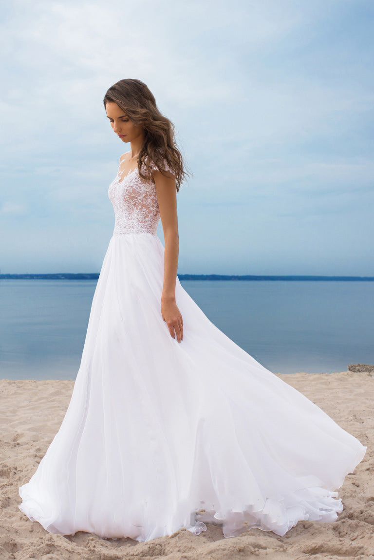 Lace Illusion Cap Sleeve Floral Applique Bodice High Slit Chiffon Maxi Gown 5