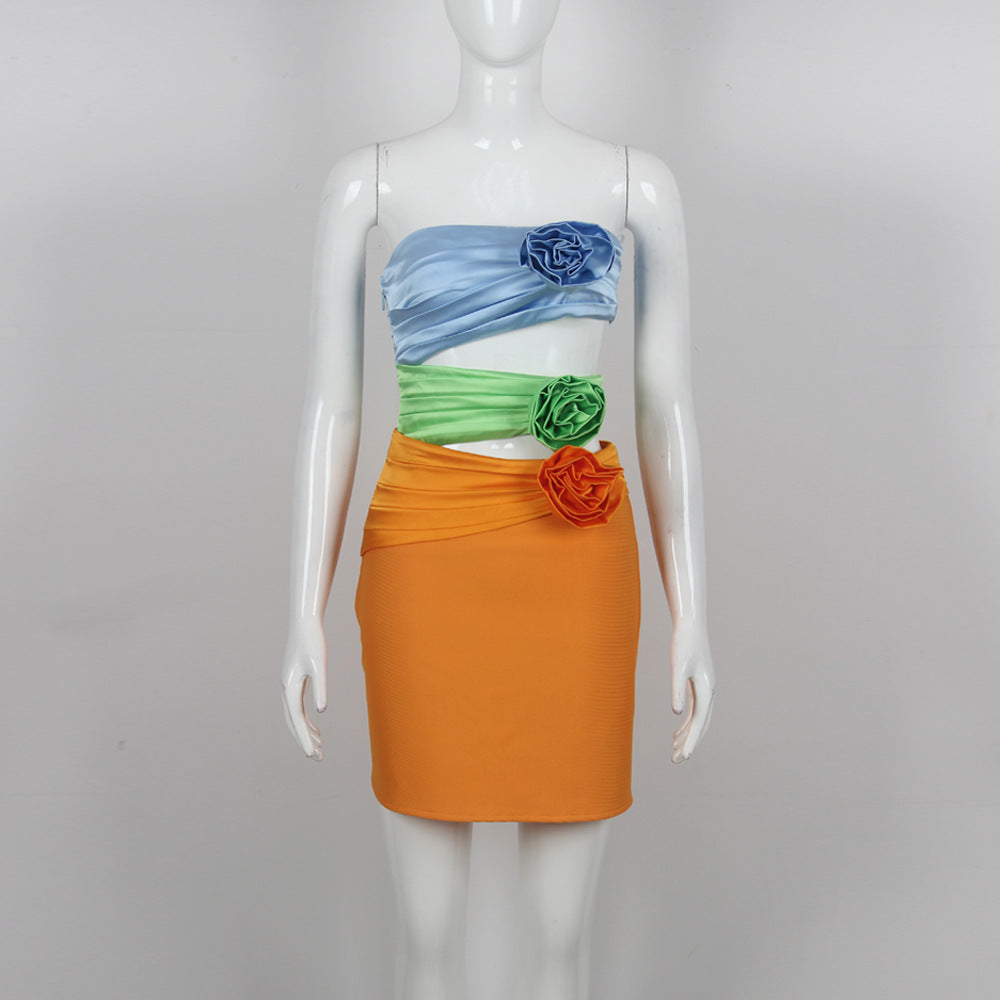 Strapless Color Block Rosette Trim Cutout Mini Dress 2