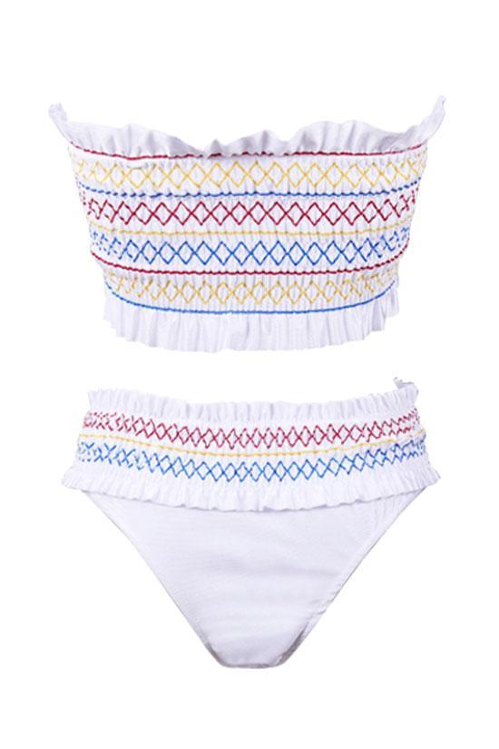 Color Rhombus Shirred Bandeau Bikini Set in White