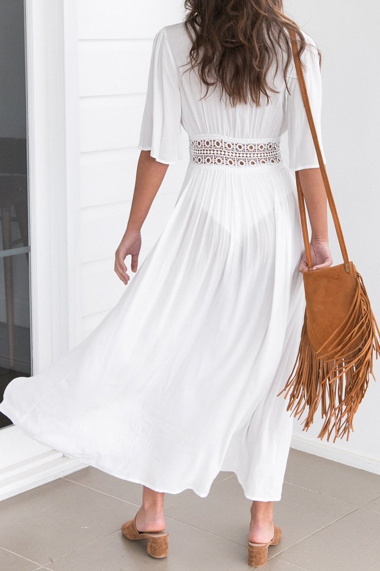 White Crochet Trim Maxi Cover Up Dress