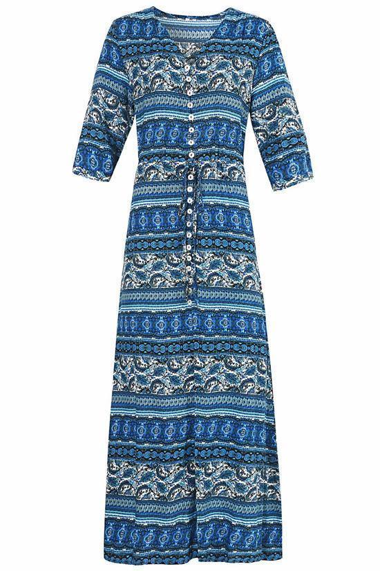 Blue Boho Style Printed Maxi Dress