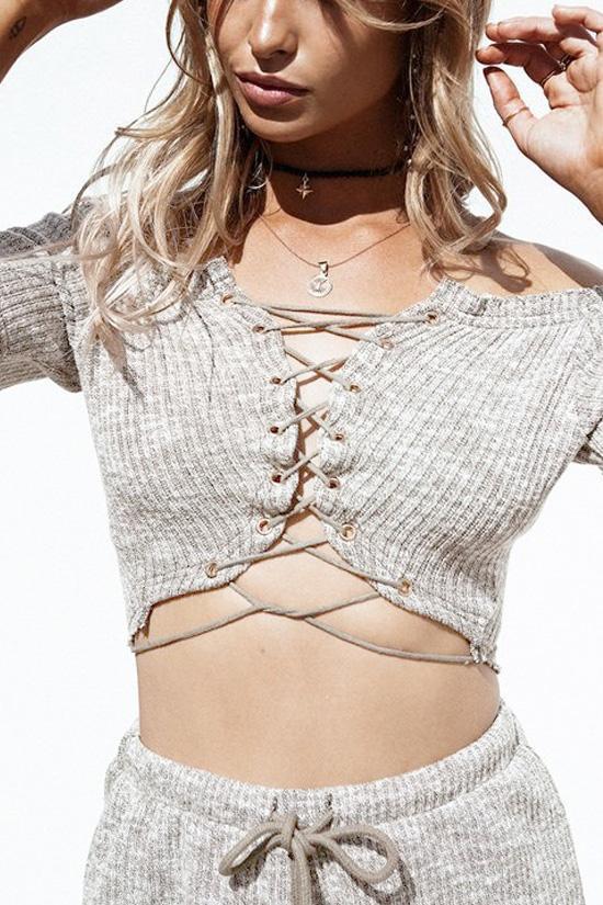 Gray Off Shoulder Crop Top with Shorts