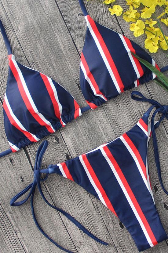 Dark Blue Striped Nautical Triangle Bikini Swimsuit - Two Piece Set