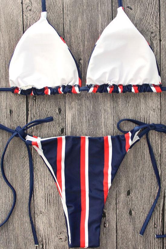 Dark Blue Striped Nautical Triangle Bikini Swimsuit - Two Piece Set