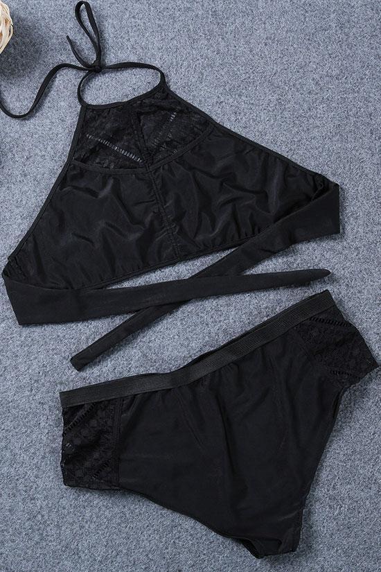 Plus Size High Neck Lace Panel Bikini - Two Piece Swimsuit