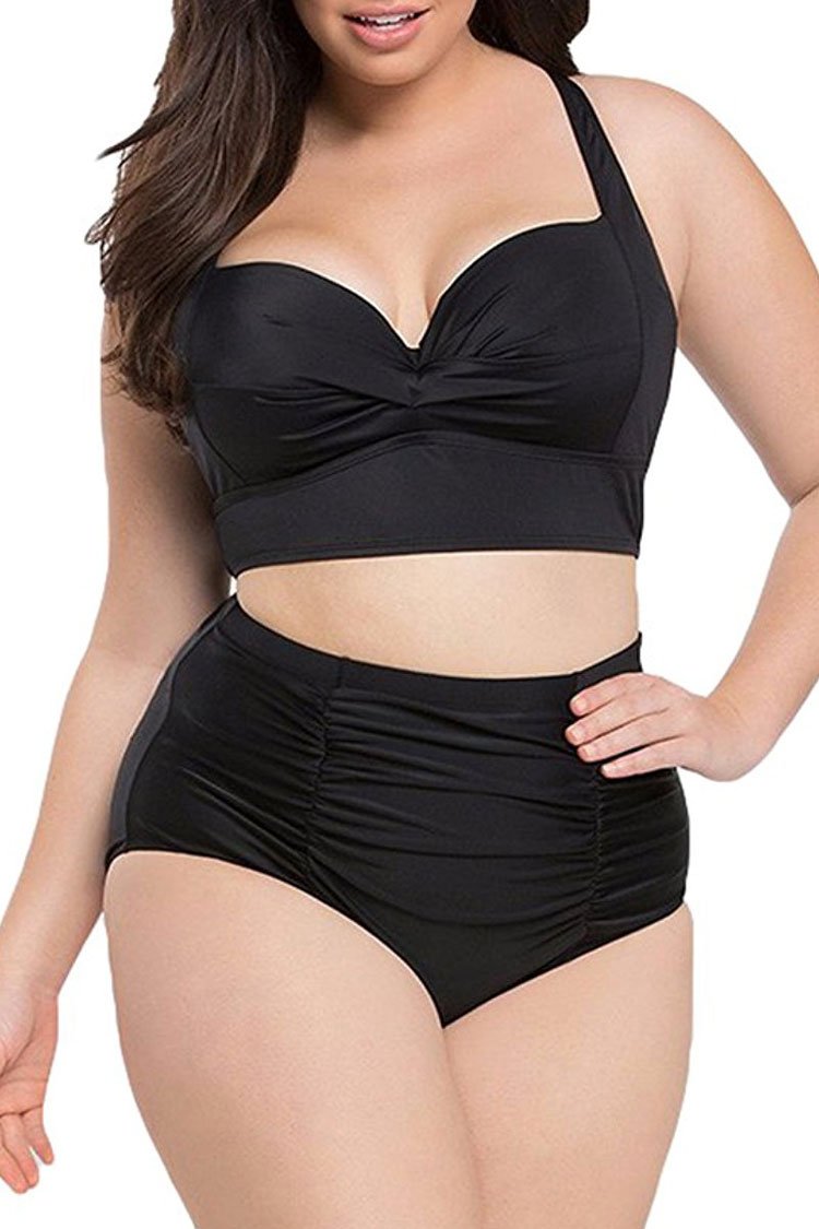 Plus Size Ruched Front Push Up High Waisted Bikini Swimsuit - Two Piece Set