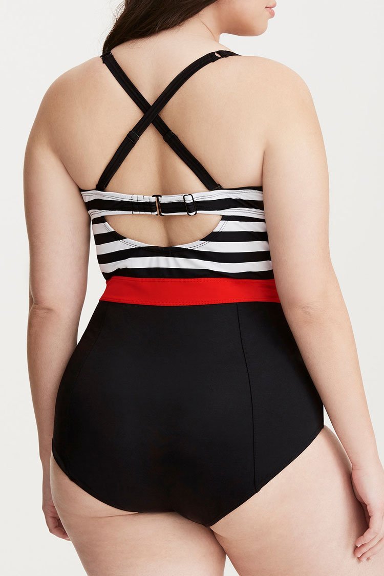 Plus Size Color Block Striped Push Up One Piece Swimsuit