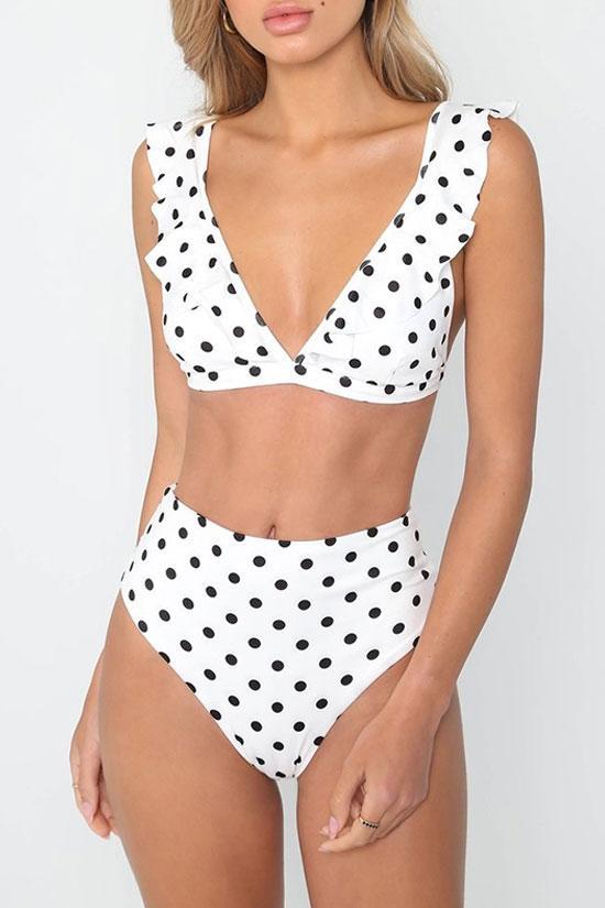 Pretty Polka Dots Ruffle Bikini Swimsuit - Two Piece Set