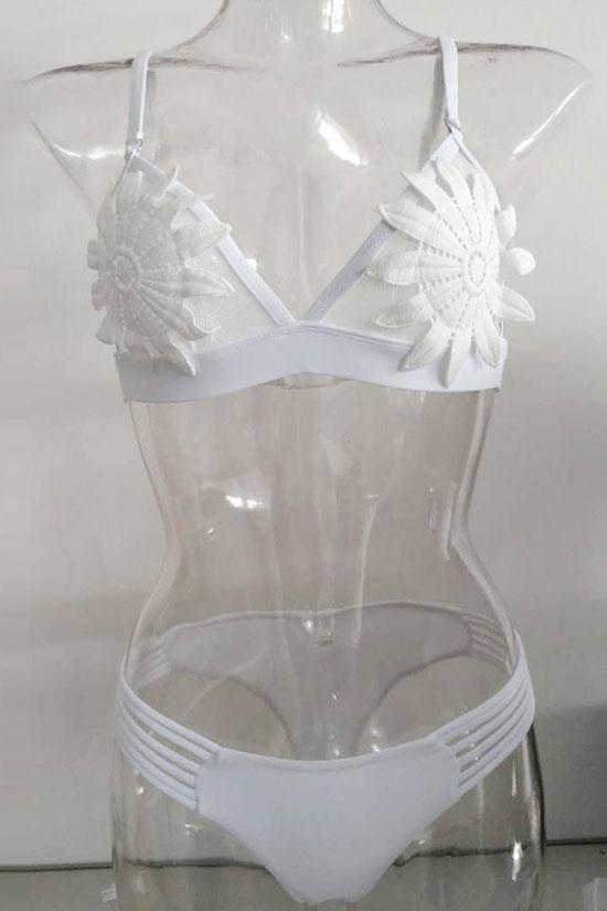 Mesh Embroidered Flower Strappy Brazilian Cheeky Bikini Swimsuit - Two Piece Set