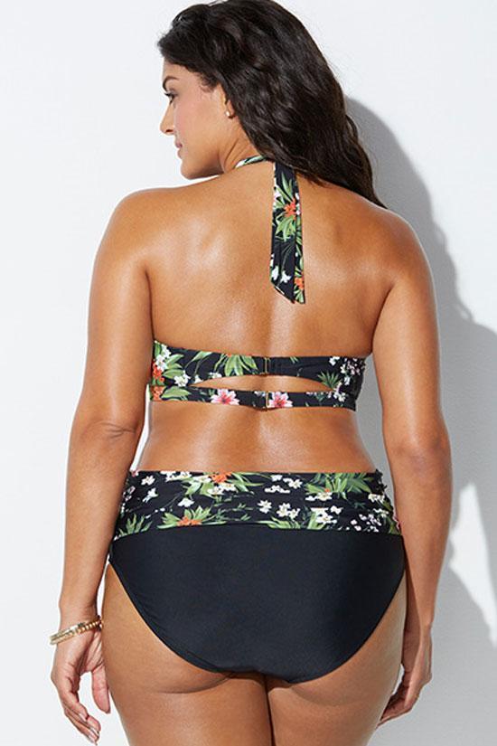 Plus Size Floral Printed Halter Bikini - Two Piece Swimsuit