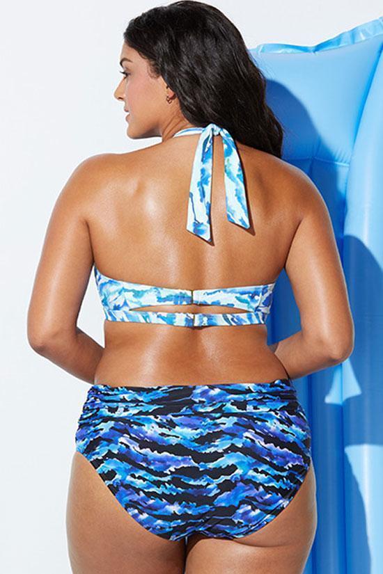 Plus Size Wave Printed Halter Bikini - Two Piece Swimsuit